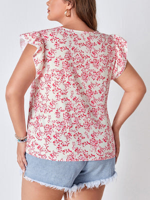 Plus Ditsy Floral Print Butterfly Sleeve Blouse - Negative Apparel