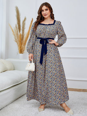 Plus Ditsy Floral Print Square Neck Lantern Sleeve Belted Dress - Negative Apparel