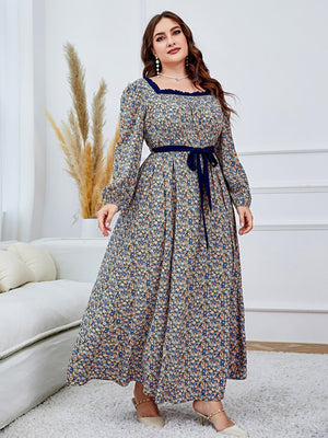 Plus Ditsy Floral Print Square Neck Lantern Sleeve Belted Dress - Negative Apparel