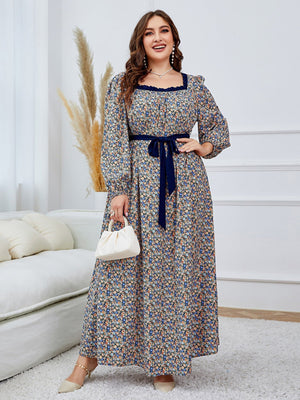 Plus Ditsy Floral Print Square Neck Lantern Sleeve Belted Dress - Negative Apparel