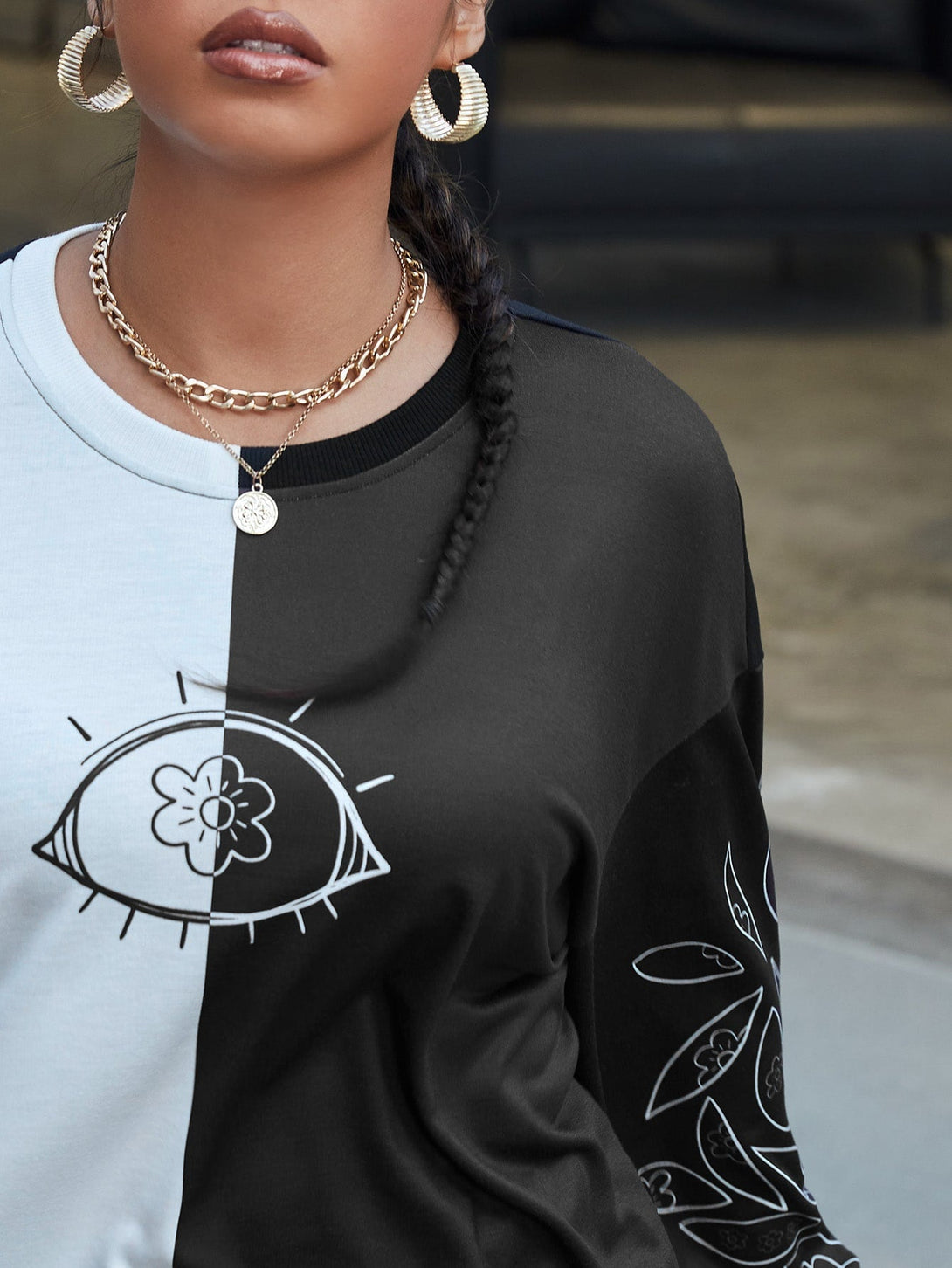 Plus Drop Shoulder Floral & Graphic Pattern Colorblock Pullover - Negative Apparel