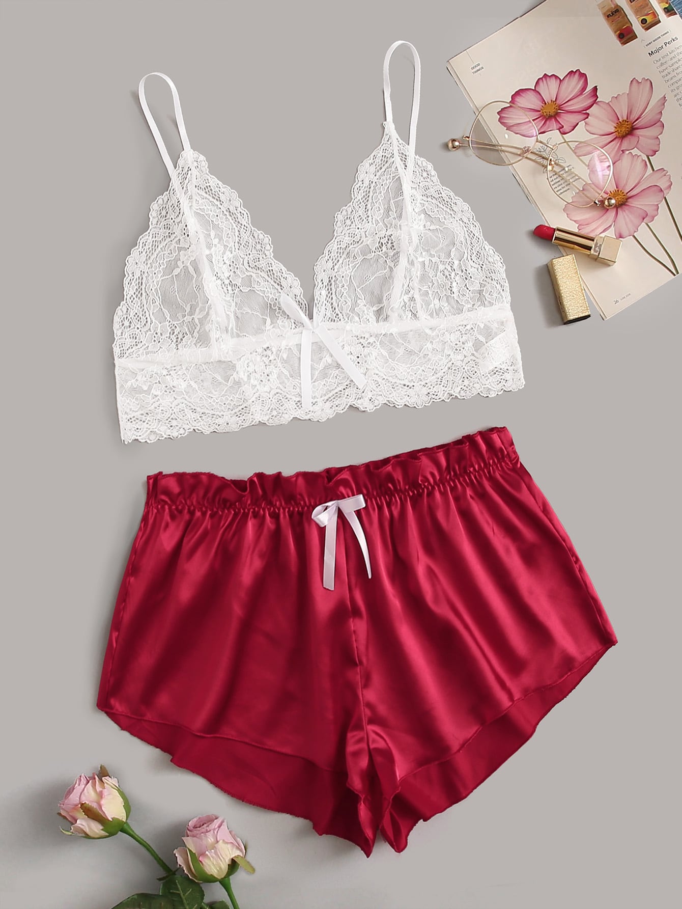 Plus Floral Lace Cami Top With Satin Shorts - Negative Apparel
