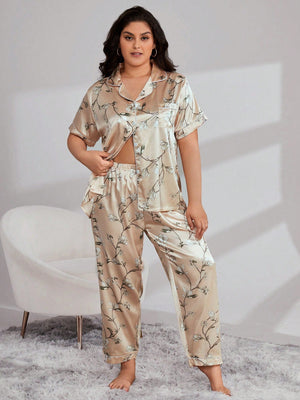 Plus Floral Print Contrast Piping Satin PJ Set - Negative Apparel