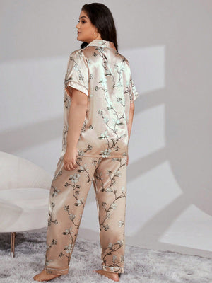 Plus Floral Print Contrast Piping Satin PJ Set - Negative Apparel