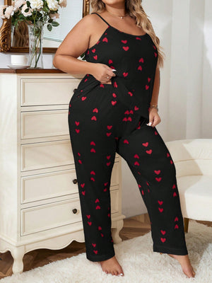 Plus Heart Print Cami Top & Pants PJ Set - Negative Apparel