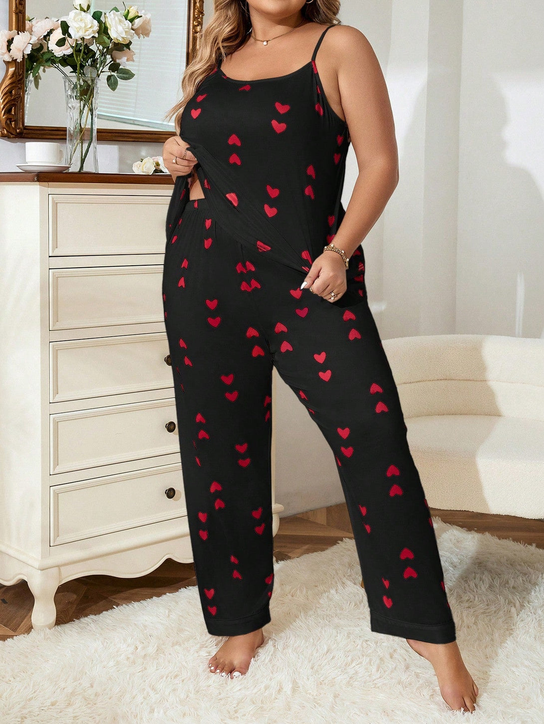 Plus Heart Print Cami Top & Pants PJ Set - Negative Apparel