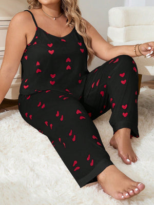 Plus Heart Print Cami Top & Pants PJ Set - Negative Apparel