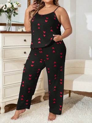 Plus Heart Print Cami Top & Pants PJ Set - Negative Apparel