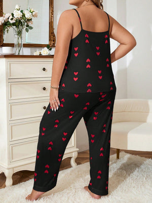 Plus Heart Print Cami Top & Pants PJ Set - Negative Apparel