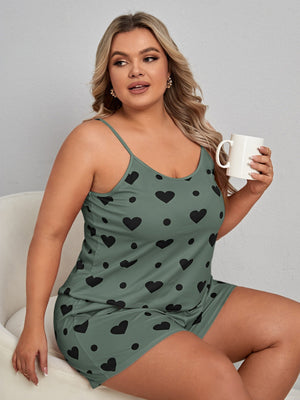 Plus Heart Print Cami Top & Shorts PJ Set - Negative Apparel