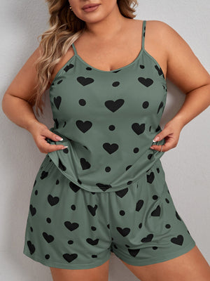 Plus Heart Print Cami Top & Shorts PJ Set - Negative Apparel