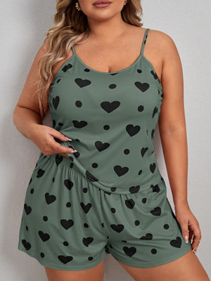 Plus Heart Print Cami Top & Shorts PJ Set - Negative Apparel