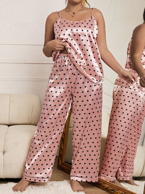 Plus Heart Print Satin PJ Set - Negative Apparel