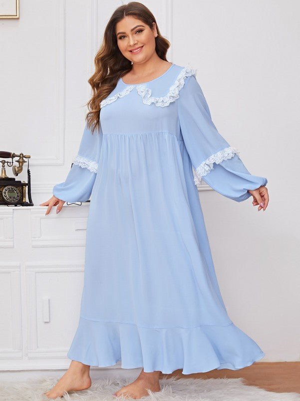 Plus Lace Trim Ruffle Hem Nightdress - Negative Apparel