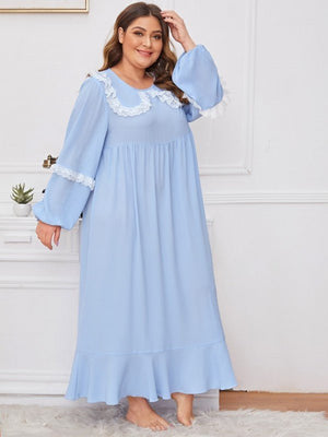 Plus Lace Trim Ruffle Hem Nightdress - Negative Apparel