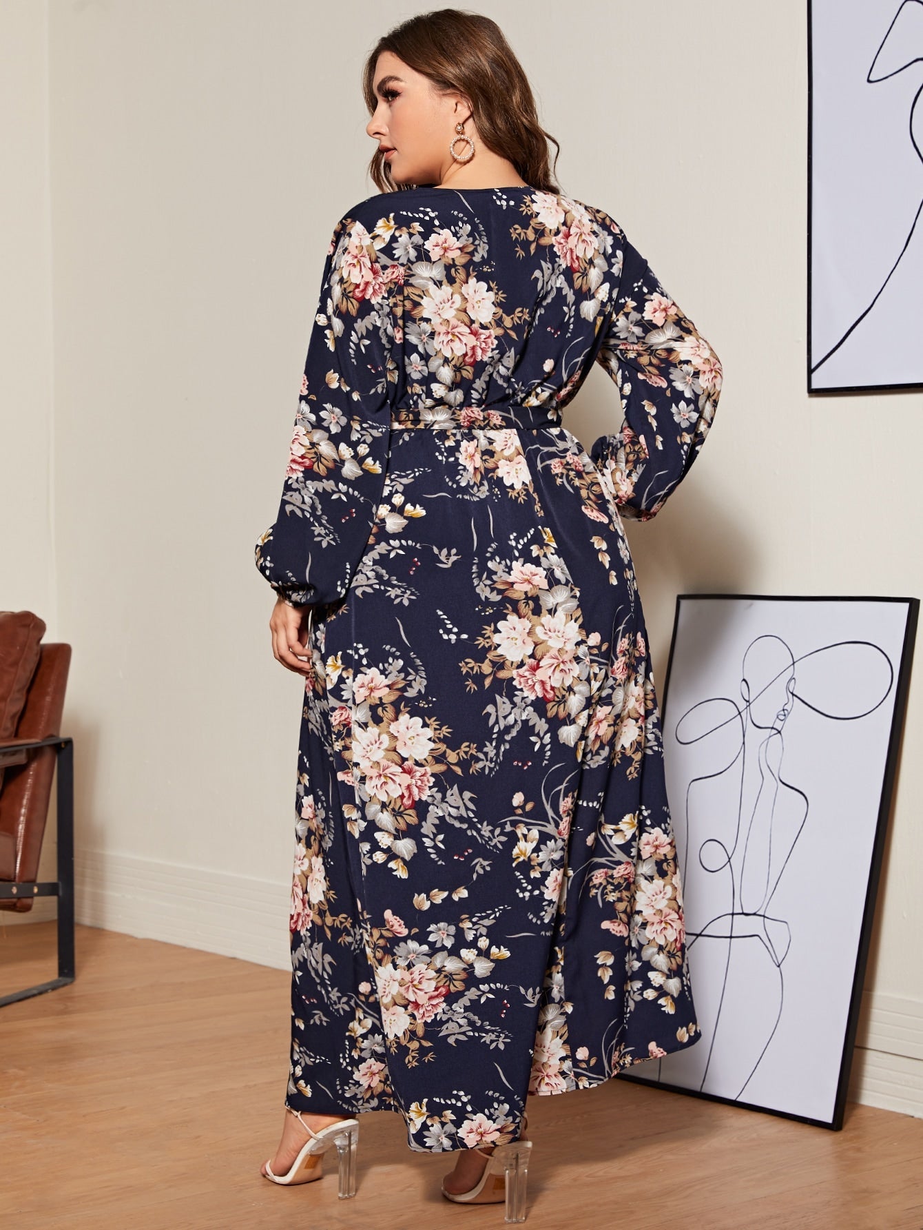 Plus Lantern Sleeve Belted Botanical Print Dress - Negative Apparel