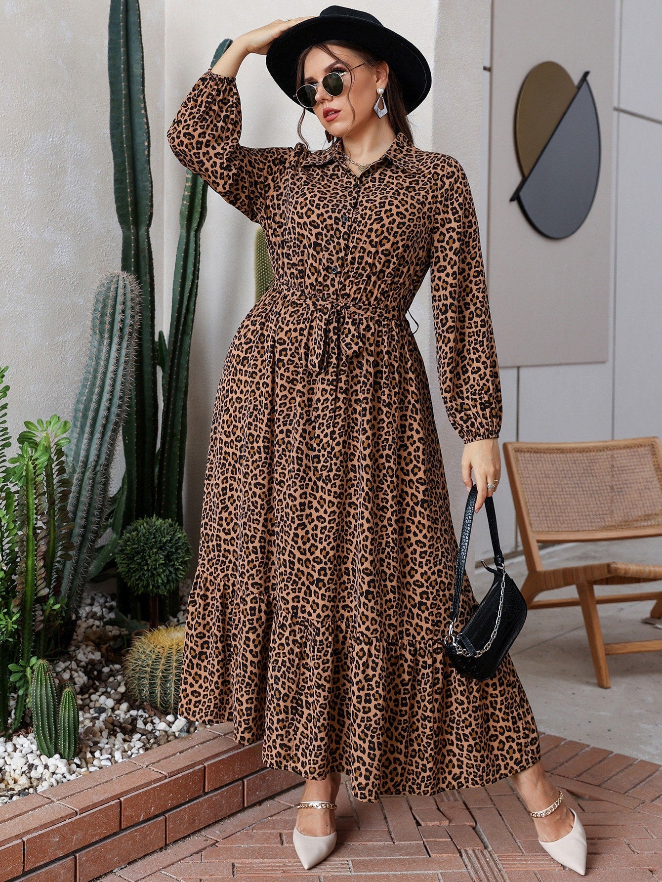 Plus Leopard Print Button Front Belted Dress - Negative Apparel