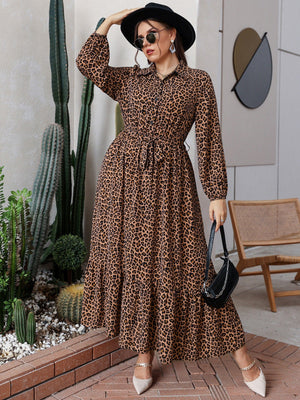 Plus Leopard Print Button Front Belted Dress - Negative Apparel