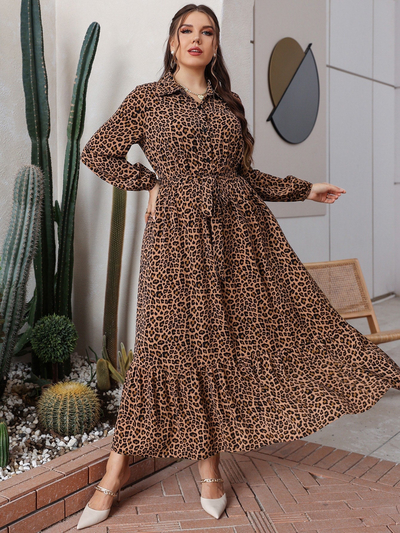 Plus Leopard Print Button Front Belted Dress - Negative Apparel