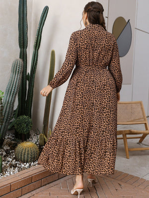 Plus Leopard Print Button Front Belted Dress - Negative Apparel