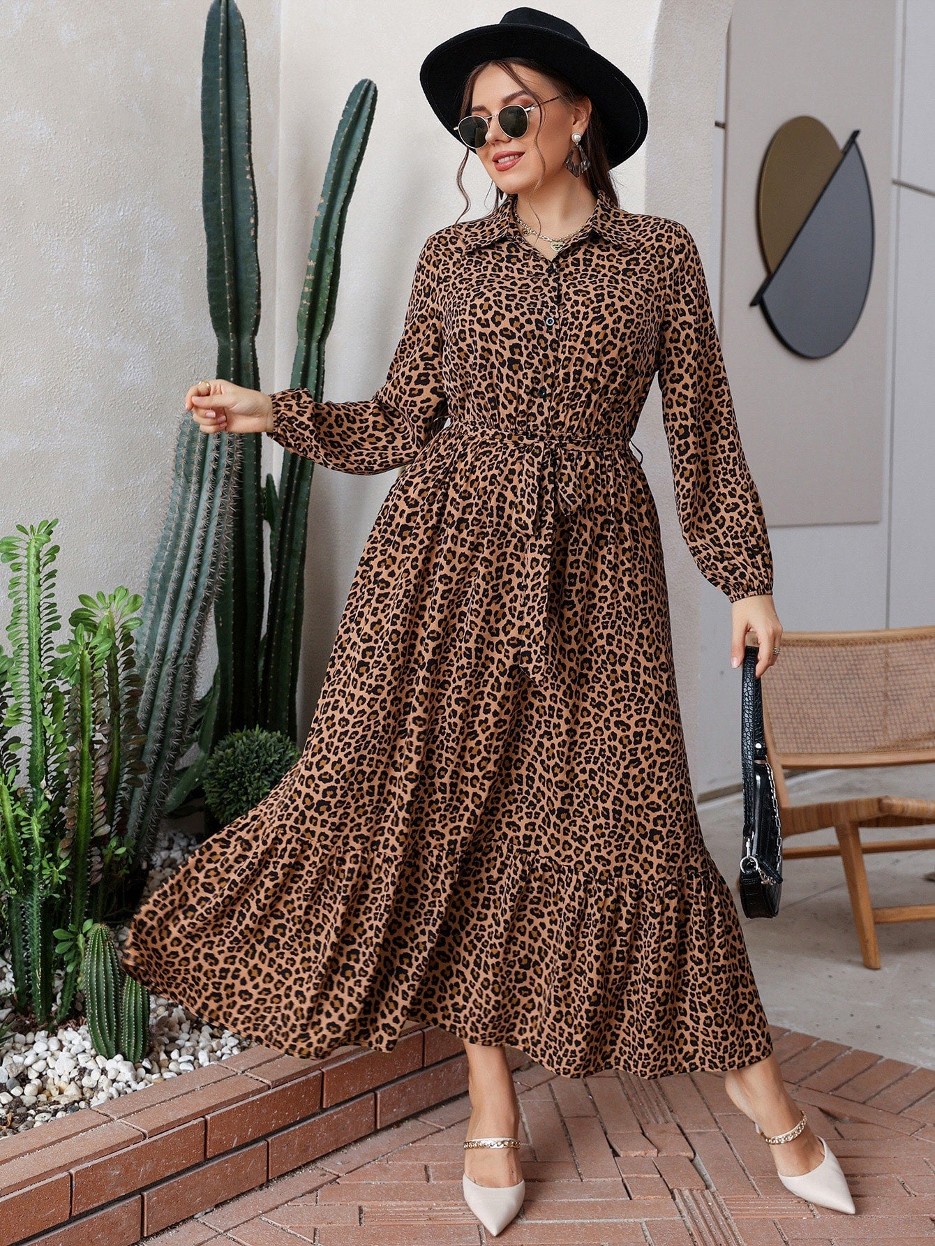 Plus Leopard Print Button Front Belted Dress - Negative Apparel