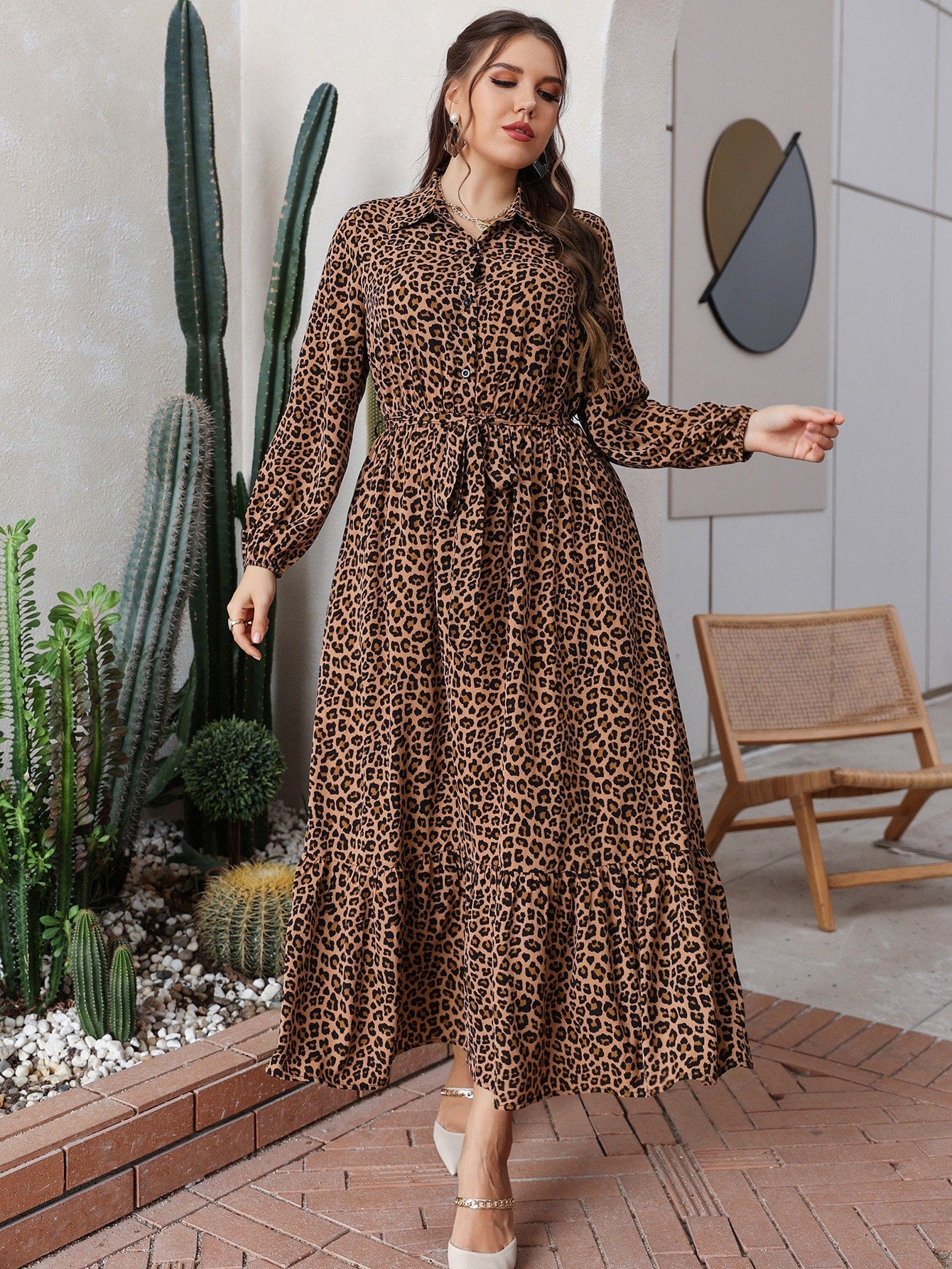 Plus Leopard Print Button Front Belted Dress - Negative Apparel