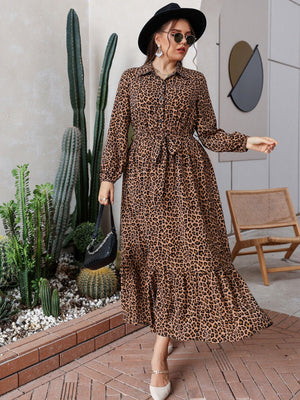 Plus Leopard Print Button Front Belted Dress - Negative Apparel