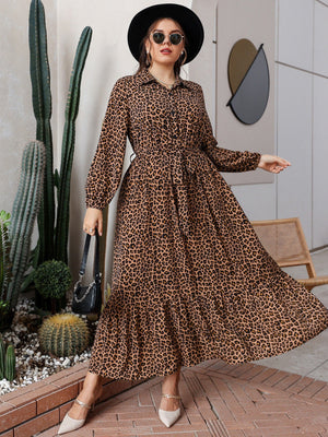 Plus Leopard Print Button Front Belted Dress - Negative Apparel