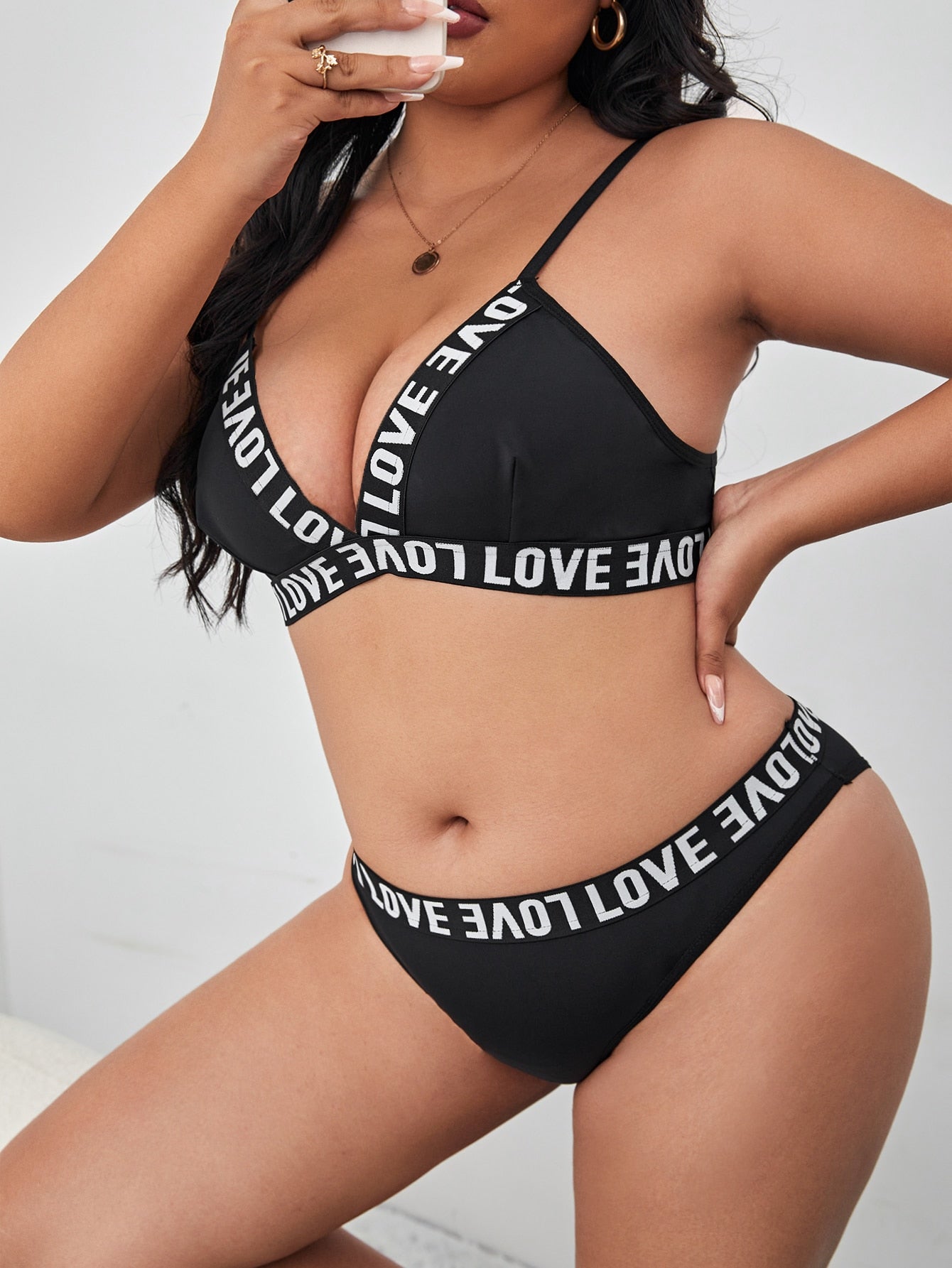 Plus Letter Tape Lingerie Set - Negative Apparel