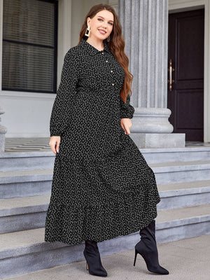 Plus Polka Dot & Heart Print Half Button Dress Without Belt - Negative Apparel