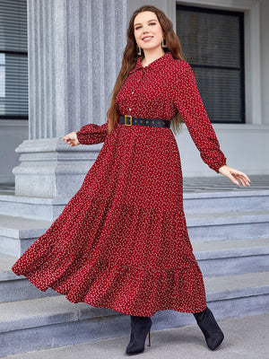 Plus Polka Dot & Heart Print Half Button Dress Without Belt - Negative Apparel