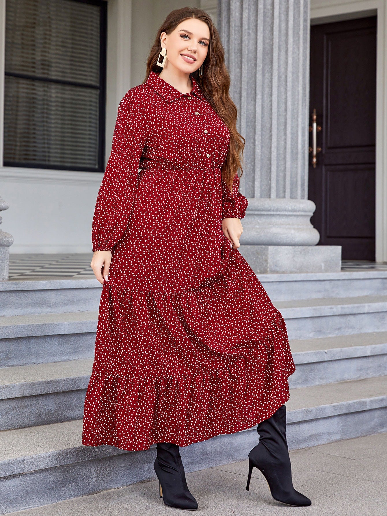 Plus Polka Dot & Heart Print Half Button Dress Without Belt - Negative Apparel