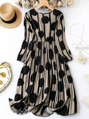 Plus Polka Dot Print Surplice Neck Lantern Sleeve Pleated Hem Dress - Negative Apparel