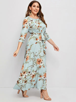 Plus Raglan Sleeve Allover Floral Print Belted Dress - Negative Apparel