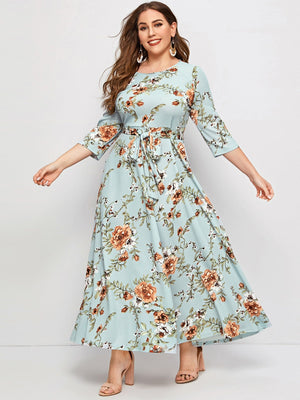 Plus Raglan Sleeve Allover Floral Print Belted Dress - Negative Apparel