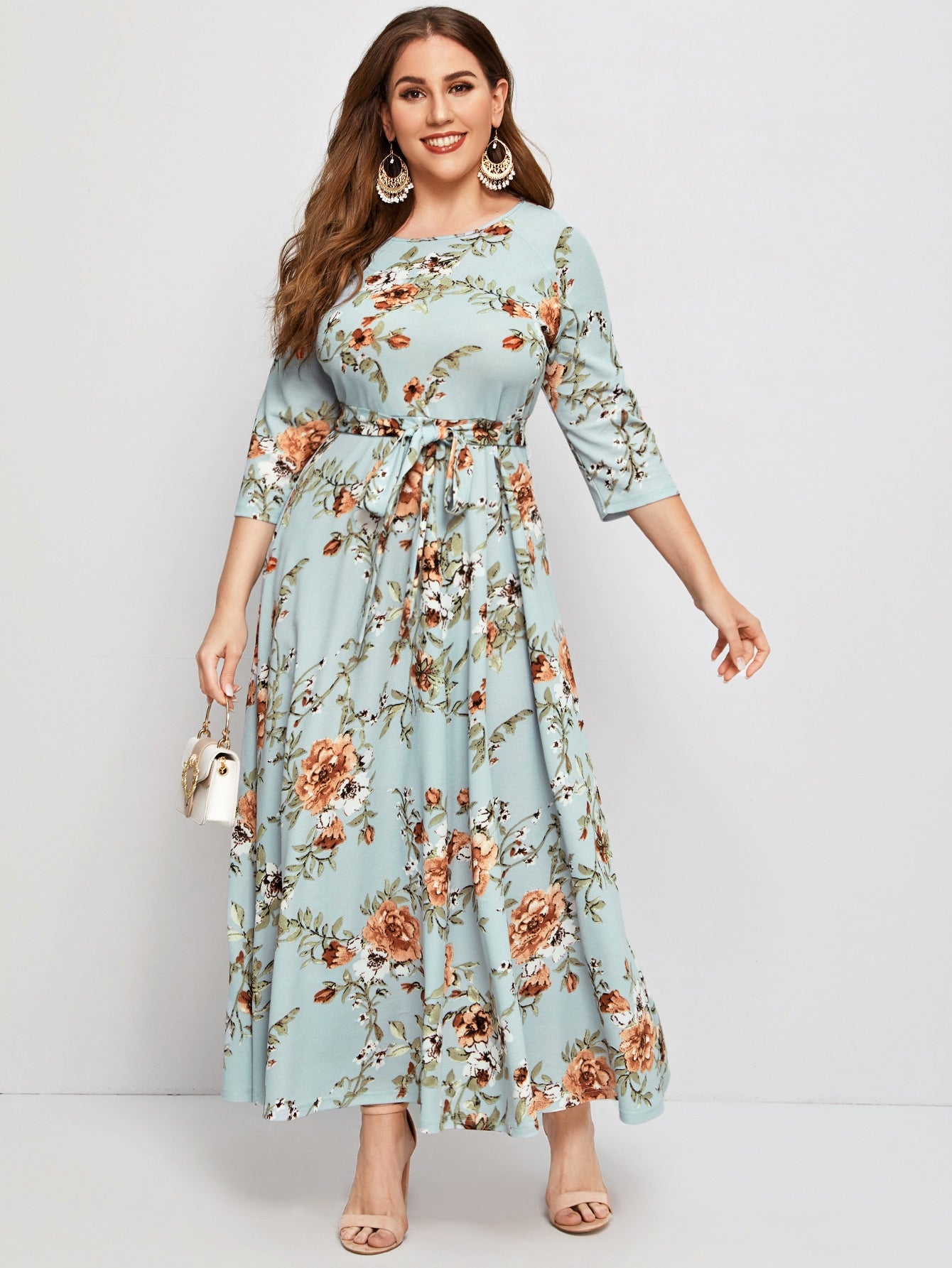 Plus Raglan Sleeve Allover Floral Print Belted Dress - Negative Apparel