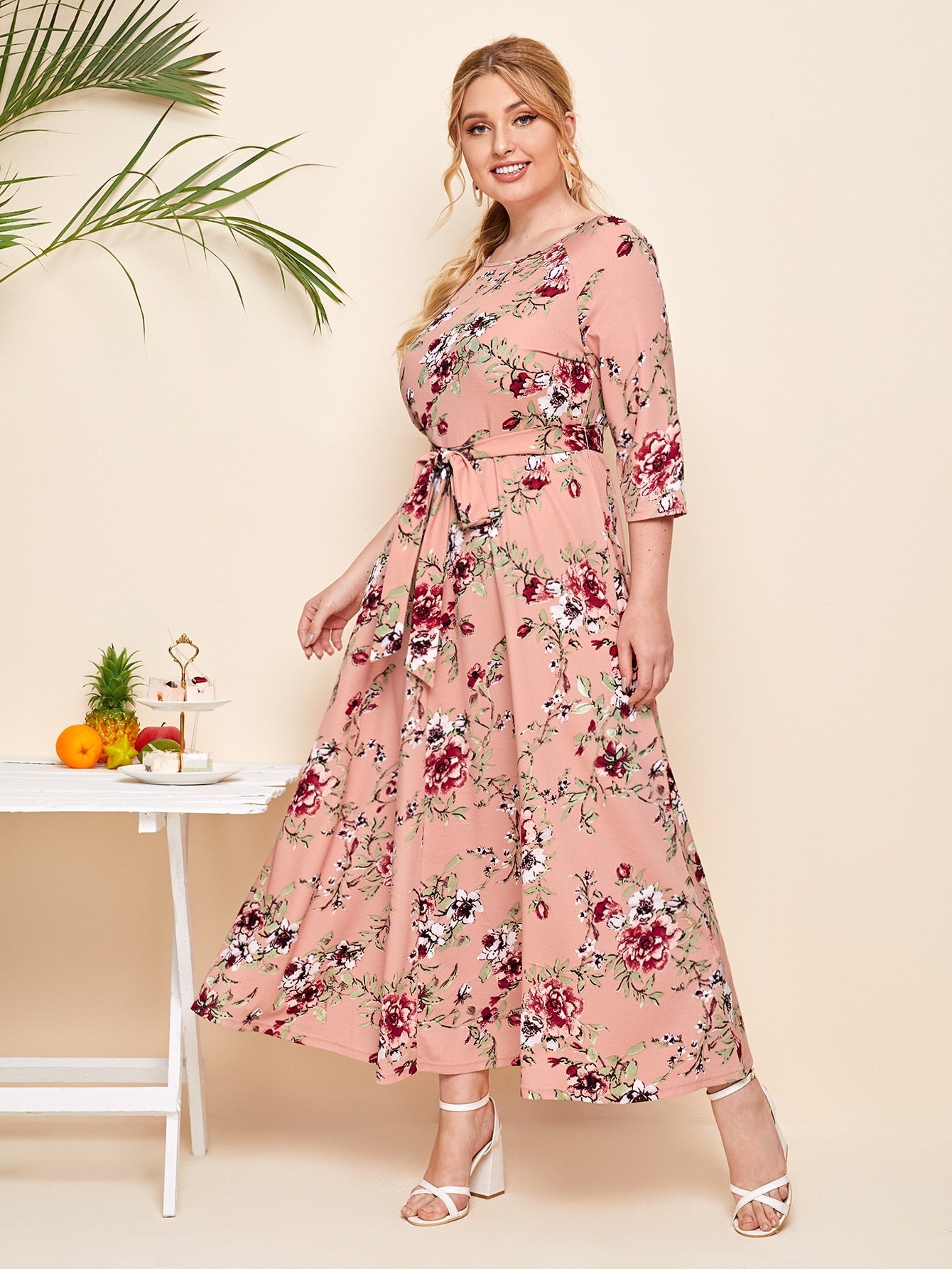 SHEIN Mulvari Plus Floral Print Butterfly Sleeve Belted Maxi Dress