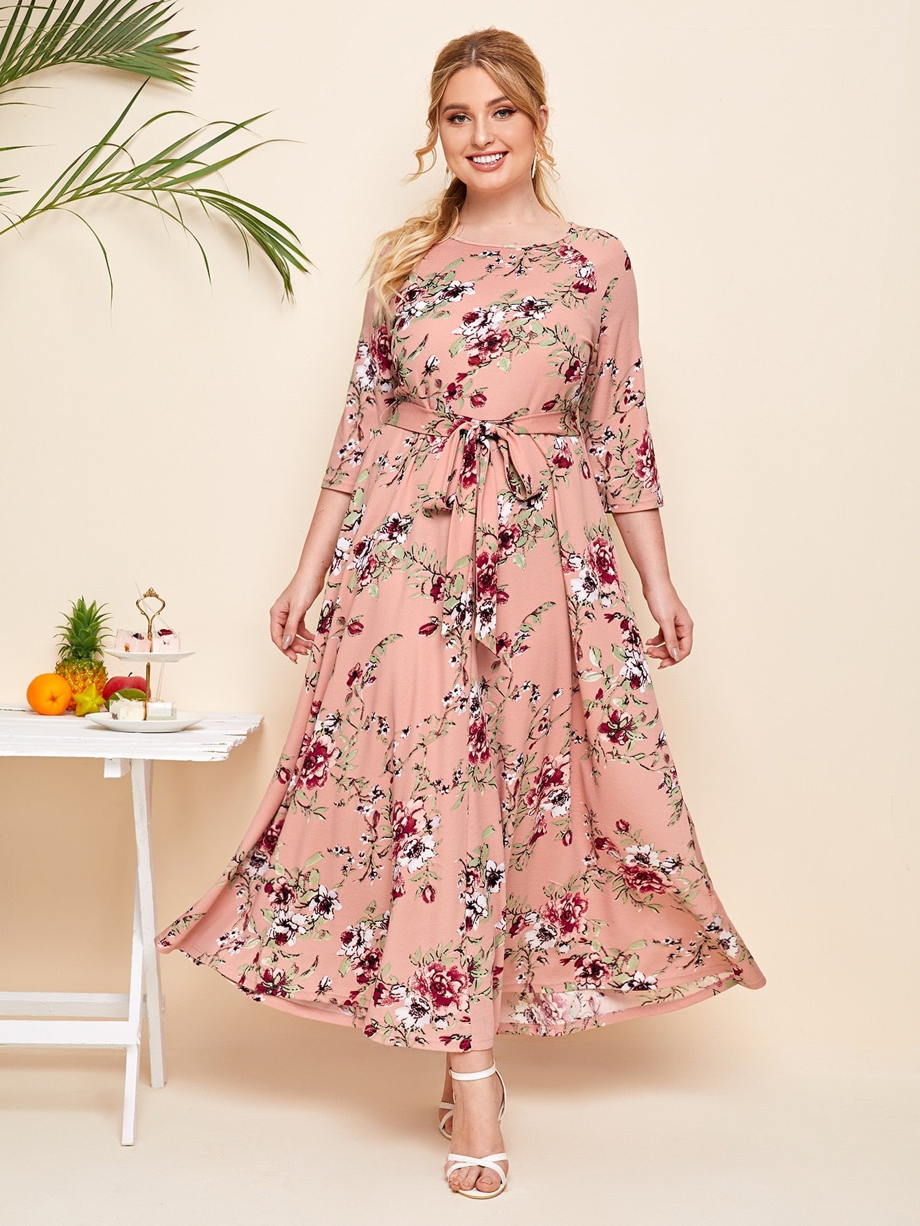 Plus Raglan Sleeve Allover Floral Print Belted Dress - Negative Apparel