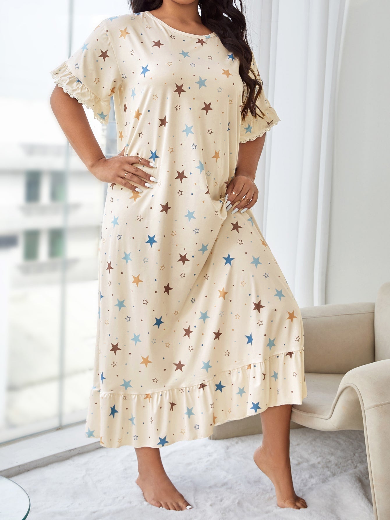 Plus Star Print Ruffle Hem Nightdress - Negative Apparel