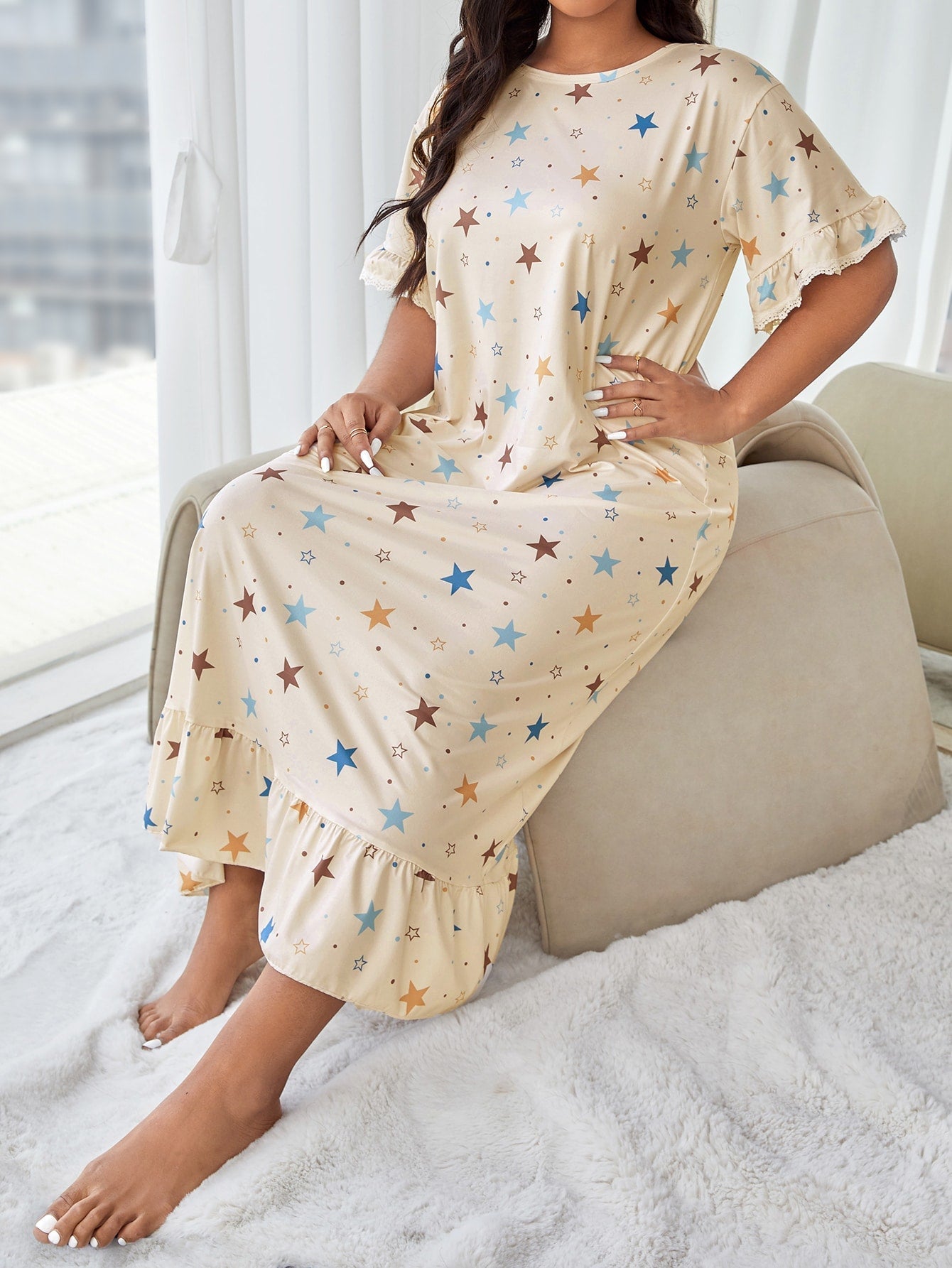 Plus Star Print Ruffle Hem Nightdress - Negative Apparel