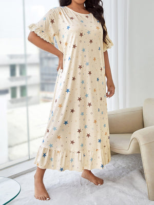 Plus Star Print Ruffle Hem Nightdress - Negative Apparel