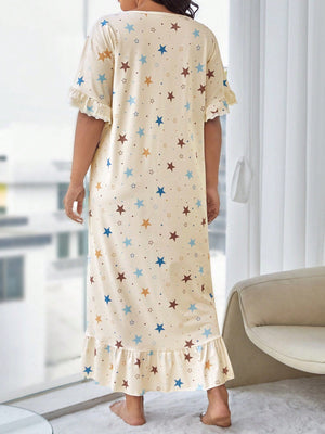 Plus Star Print Ruffle Hem Nightdress - Negative Apparel