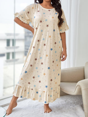 Plus Star Print Ruffle Hem Nightdress - Negative Apparel