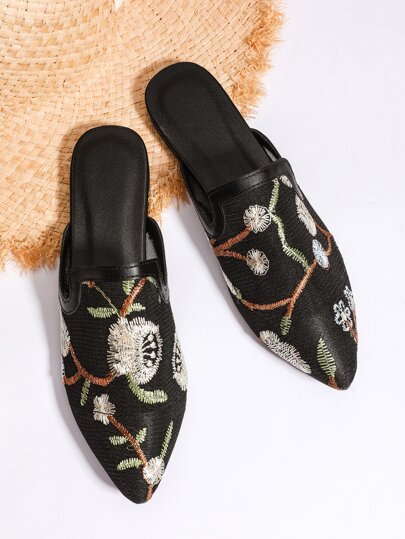 Point Toe Embroidered Flat Mules - Negative Apparel