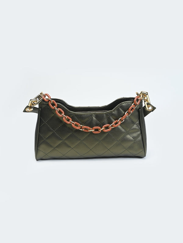 Quilted Pattern Baguette Bag with Chain and Strap - Negative Apparel