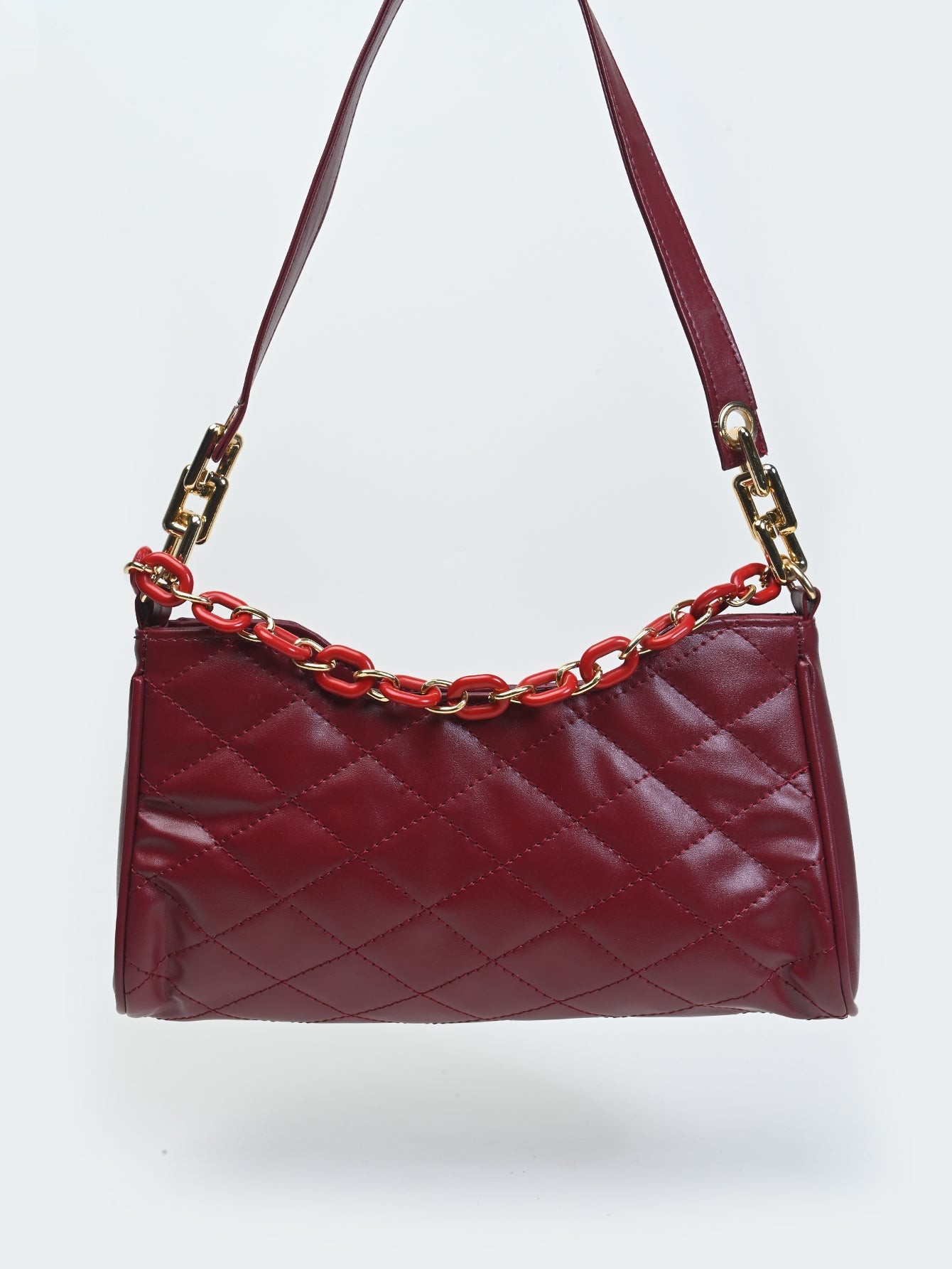 Quilted Pattern Baguette Bag with Chain and Strap - Negative Apparel