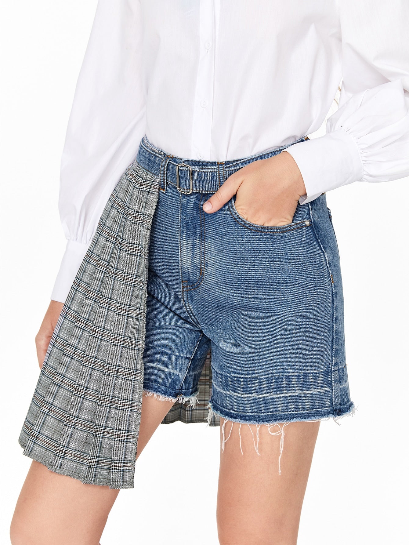 Raw Hem Belted Tartan Panel Denim Shorts - Negative Apparel