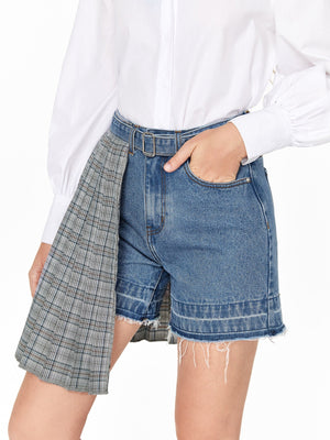 Raw Hem Belted Tartan Panel Denim Shorts - Negative Apparel