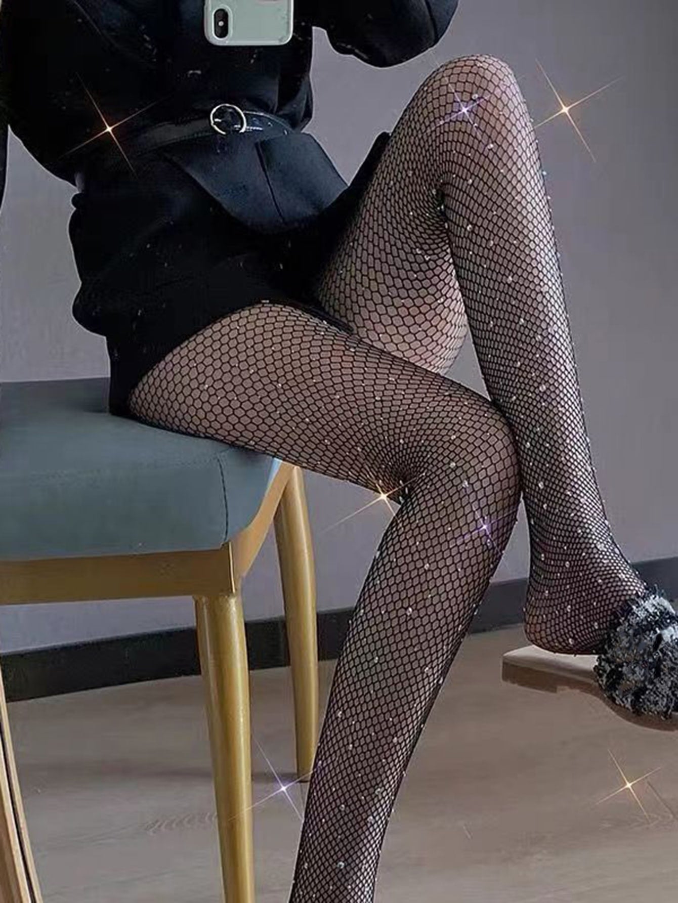 Rhinestone Decor Fishnet Tights Negative Apparel