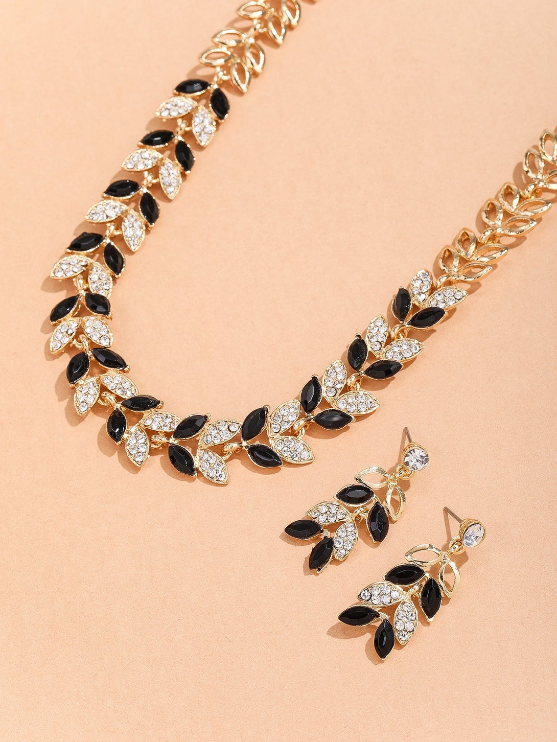 Rhinestone Decor Leaf Design Necklace & Drop Earrings - Negative Apparel
